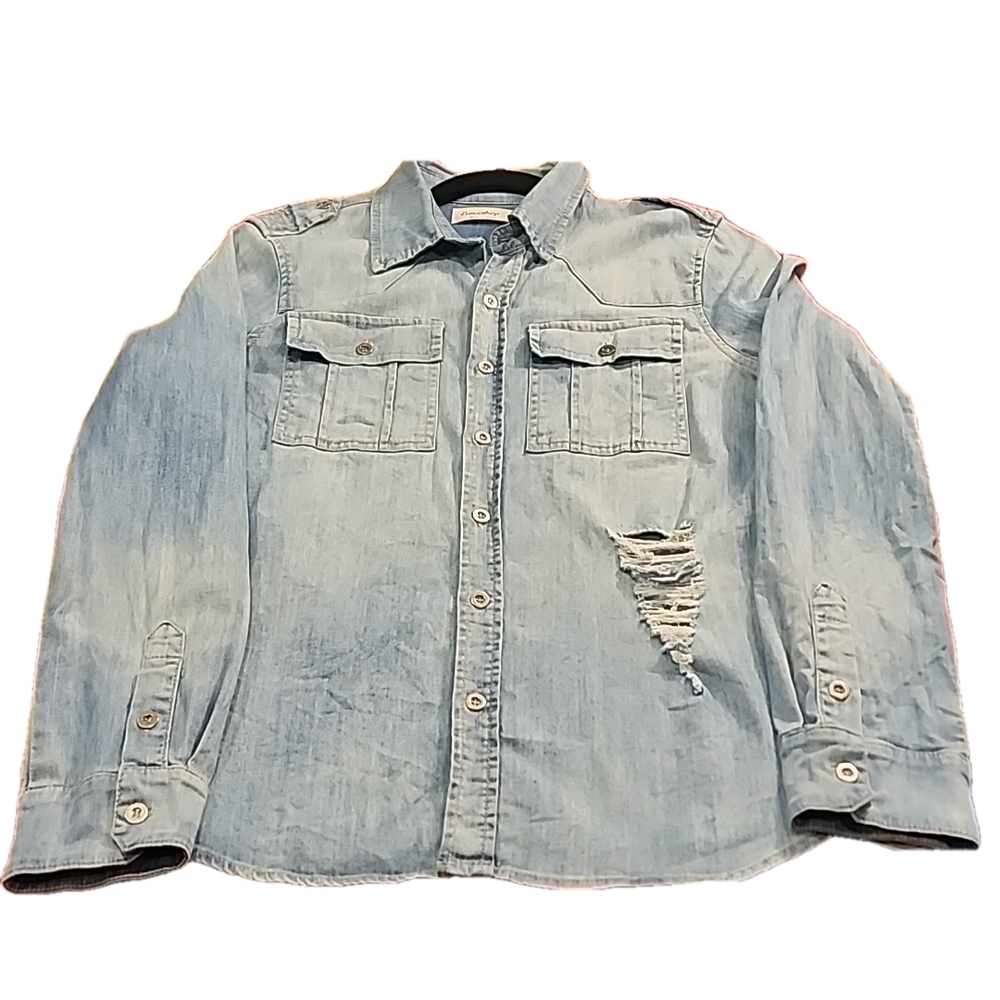 Eunishop Distressed  Denim Chambray Button Down Shirt Medium